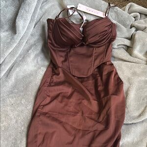 Oh Polly Brown Ruched Bustier Bodycon Dress